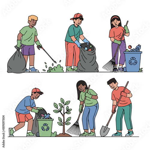 A group of people cleaning and recycling