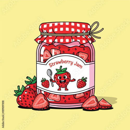 A jar of strawberry jam with a cartoon strawberry character