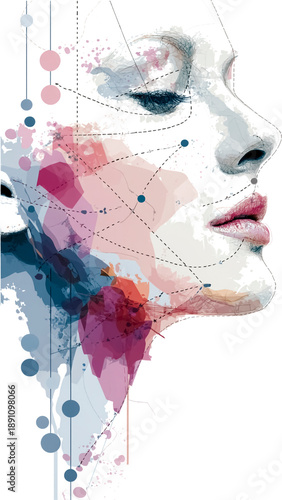 atercolor Minimalist Profile Portrait with Cosmetic Surgery Guide Lines. Abstract Beauty, Medical Diagram.