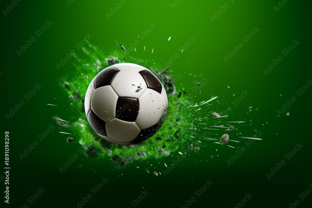 Fototapeta premium Soccer ball powerfully breaking apart with green energy, dust, and debris on a green background