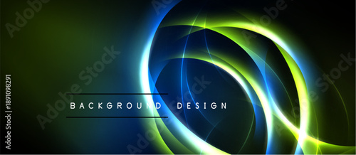 Abstract design features glowing circular lines. Green, blue, yellow hues blend into dark background. Modern aesthetic, dynamic composition.