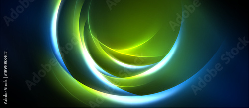 Abstract design features glowing curved shapes. Blue, green, white colors blend into dark background. Dynamic composition creates visual interest.