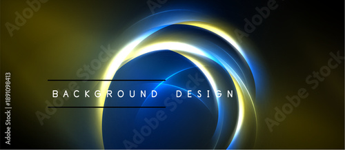 Abstract design features glowing circular layers. Gold, blue hues dominate dark background. Text reads background design. Simple, modern aesthetic.
