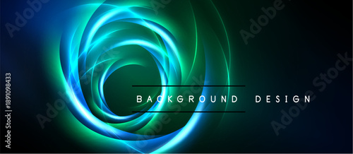 Abstract swirls, vibrant blue, green hues. Dark background creates dramatic effect. Modern design element, visually appealing.