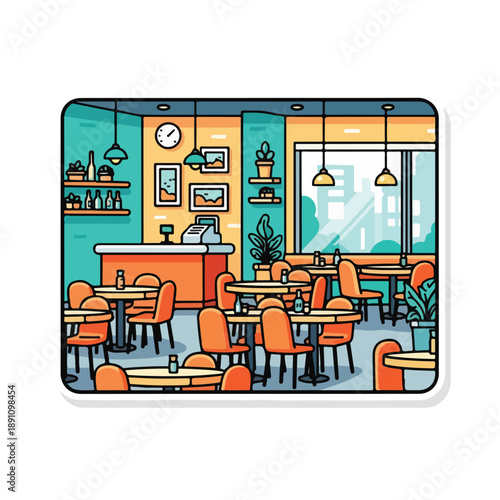 A vibrant restaurant interior with tables and chairs