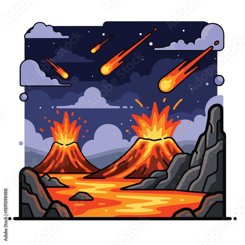 Cartoon volcanic eruption with meteors