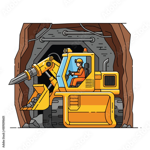 A cartoon miner operates a large yellow excavator