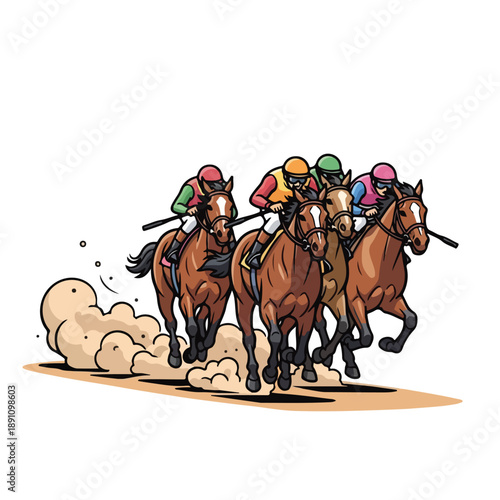 A cartoon illustration of jockeys racing on horseback