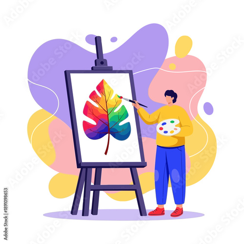 A person painting a colorful leaf on a canvas with an easel