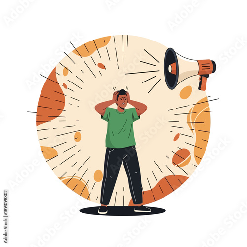 Man covering his ears from a loud megaphone in a circle