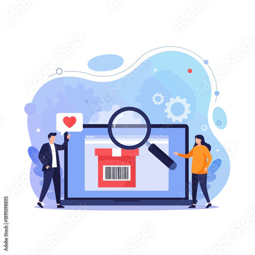 Two people standing next to a large computer screen displaying a product page with a magnifying glass on a blue background