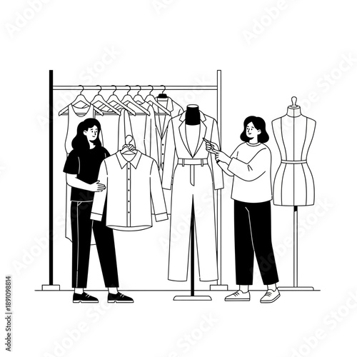 Two women interacting with clothing on a rack and mannequins