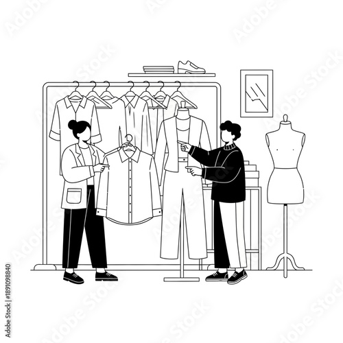 Two men discussing clothes in a fashion store with a mannequin