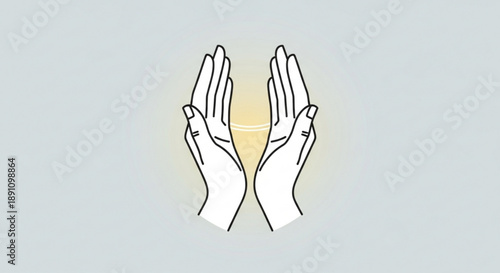 Praying hands illustration with soft yellow glow on gray background symbolizing spirituality and gratitude