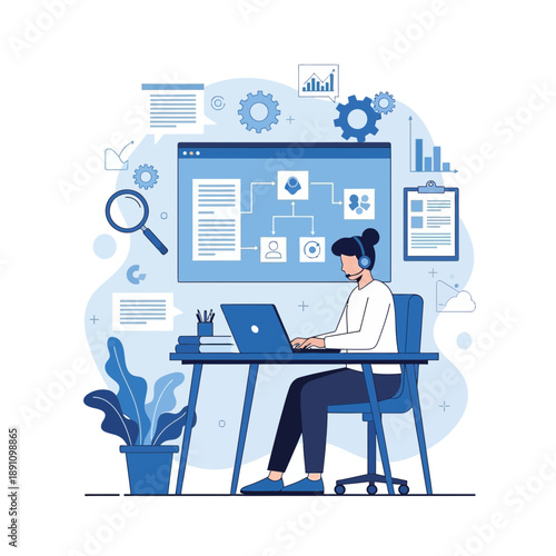 Woman working on a laptop with a flowchart on the screen and a plant beside her in a blue illustration