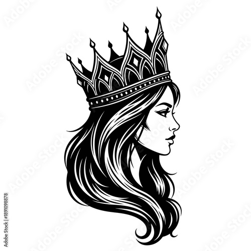 A black and white illustration of a woman wearing a crown