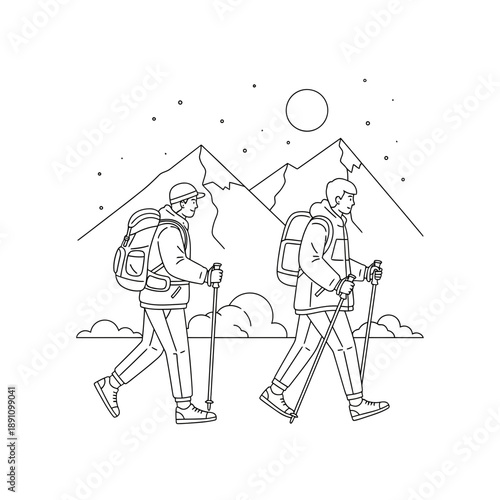 Two people hiking in the mountains at night with backpacks and walking sticks