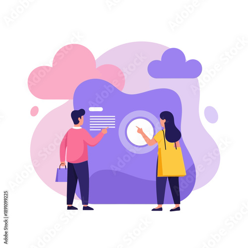 Man and woman interacting with a large purple camera with colorful background