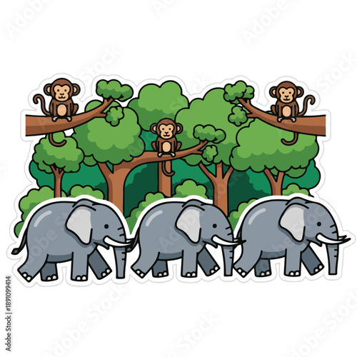 A group of cartoon elephants and monkeys