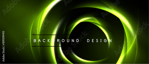 Abstract neon circles over dark green background. Modern design element, glowing lines create dynamic visual effect. Simple, elegant.