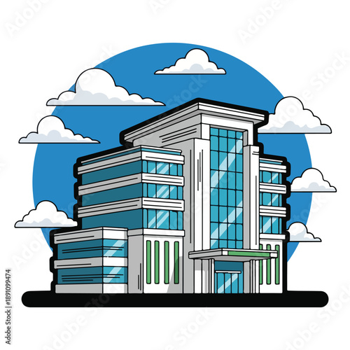 A modern building with blue windows under a cloudy sky