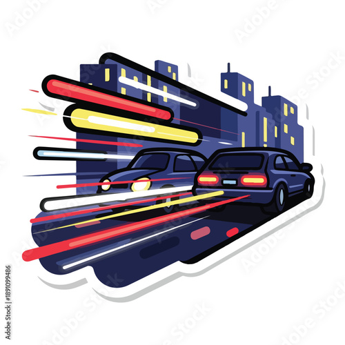 A nighttime cityscape with speeding cars