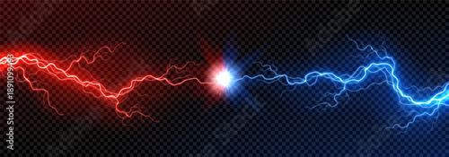 Red and blue thunder collision. Realistic bolt energy collision with shock burst flash isolated on dark checkered background. Versus banner with two electric power lightning discharge. Vector concept.
