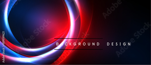 Abstract neon lights create dynamic circular shapes. Vivid red, blue, purple hues dominate dark background. Modern design element.