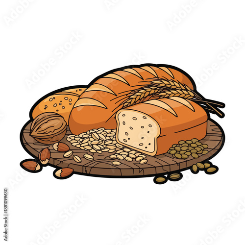 A wooden board with bread, nuts and seeds