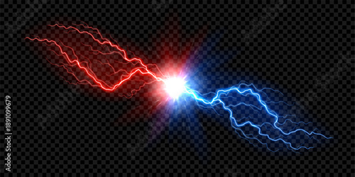 Bright red and blue lightning burst. Powerful dual-energy concept with red and blue lightning bolts and bright energy explosion. Vector illustration with dynamic lightning discharge.