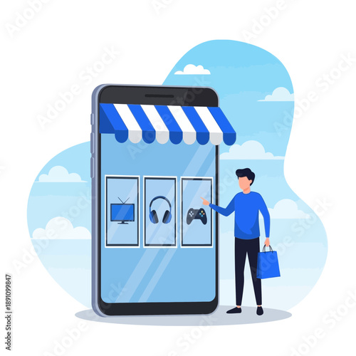 Man standing next to large smartphone with online shopping app