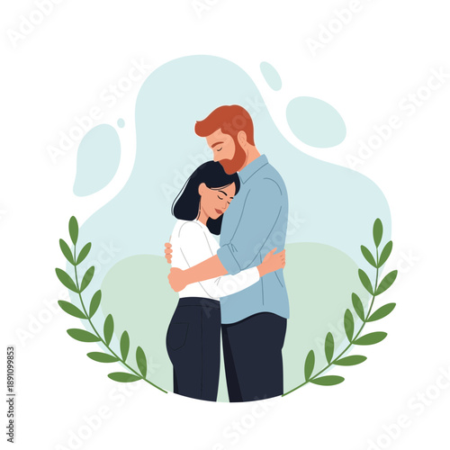 Couple embracing in a loving relationship with leaves around them