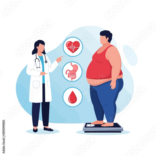 Doctor discussing health with obese patient on a scale with health icons