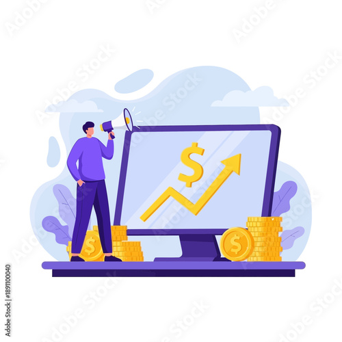 A man holding a megaphone standing next to a computer with a graph on the screen and money around it