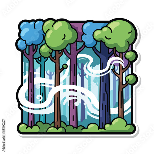 A cartoon forest with colorful trees and white swirling lines