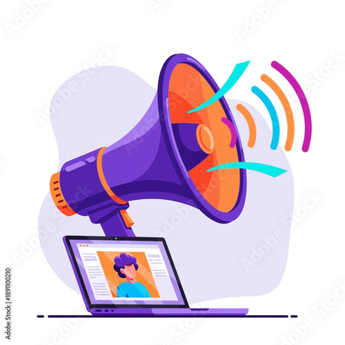 A purple megaphone on a laptop with colorful sound waves coming out