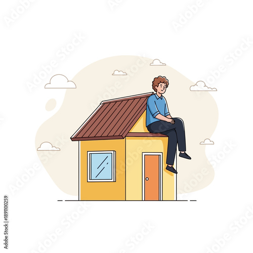 Man sitting on top of a small yellow house with brown roof outdoors