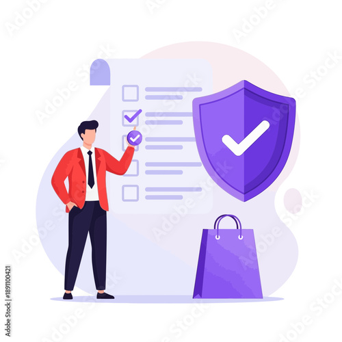 A cartoon man in a red jacket checking a checklist next to a shield with a white checkmark on it