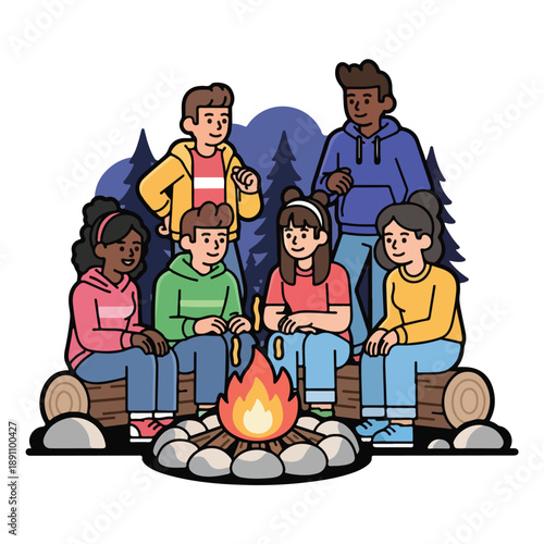 A group of friends sitting around a campfire