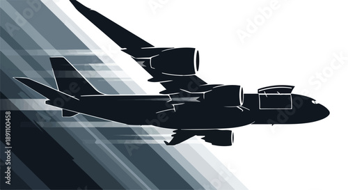 Airplane silhouette soaring through gray stripes on white background Ai Generated