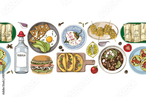 Mexican cuisine seamless border vector