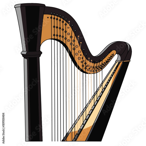 A harp with a black frame and gold accents