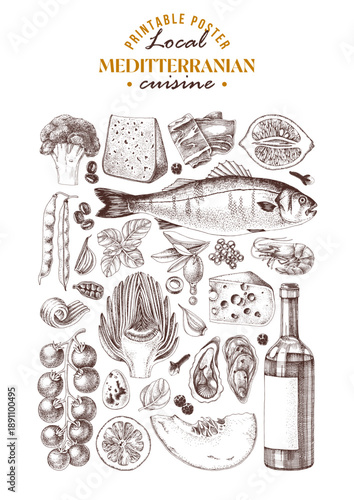 Mediterranean Cuisine ingredients poster template.