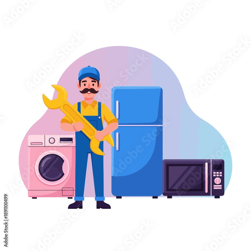 Cartoon illustration of a repairman with appliances and tools colored background