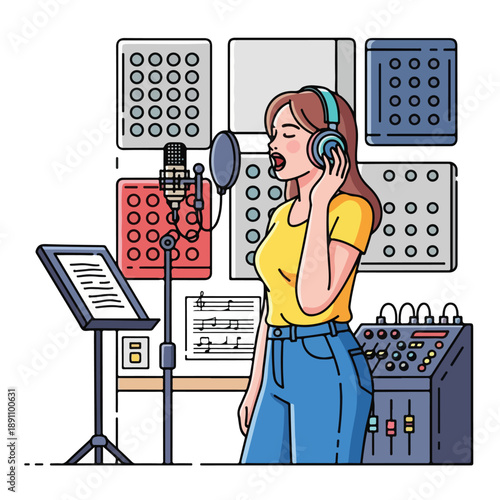 A woman sings into a microphone in a recording studio