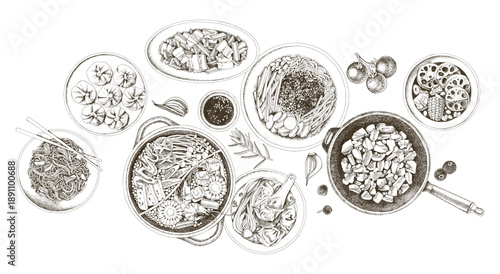 Traditional Asian cuisine dishes hand drawn vector
