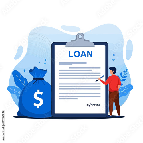 A man pointing at a loan document on a clipboard with a money bag beside it for financial or banking concept