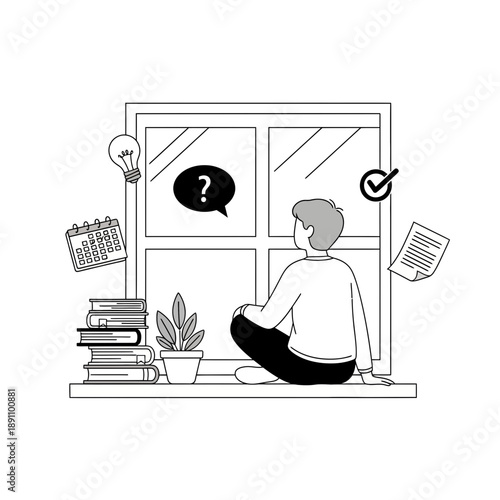 A man sitting on windowsill with books and plant looking puzzled through window