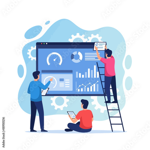 Three people working together on a large computer screen with gears on a blue background