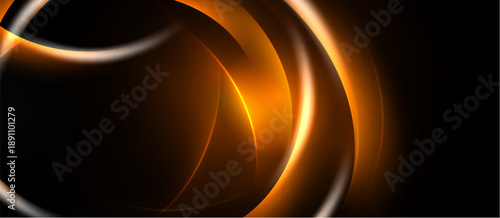 Abstract design features orange curves, glowing lines against dark background. Dynamic composition creates modern visual impact.